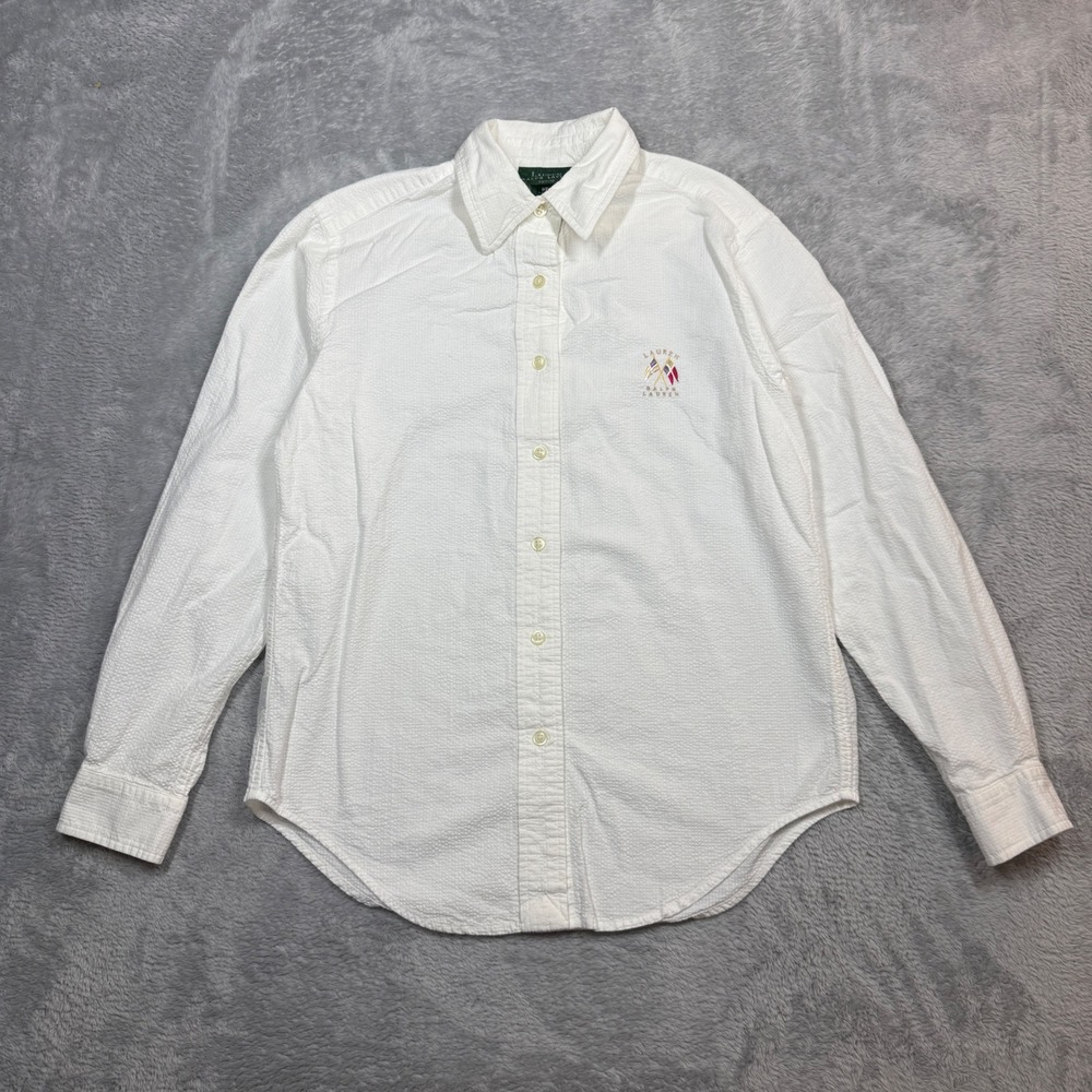 Lauren Ralph Lauren Seersucker Button Up Shirt Womens 8P White Crest Classic Y2K